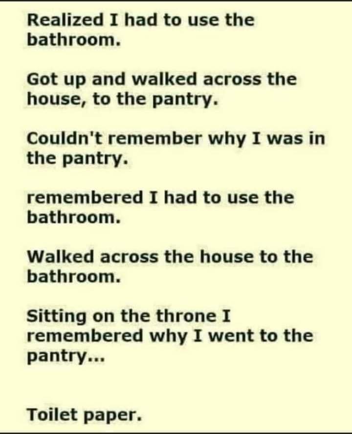 Realized I had to use the bathroom Got up and walked across the house to the pantry Couldnt remember why I was in the pantry remembered I had to use the bathroom Walked across the house to the bathroom Sitting on the throne I remembered why I went to the pantry Toilet paper