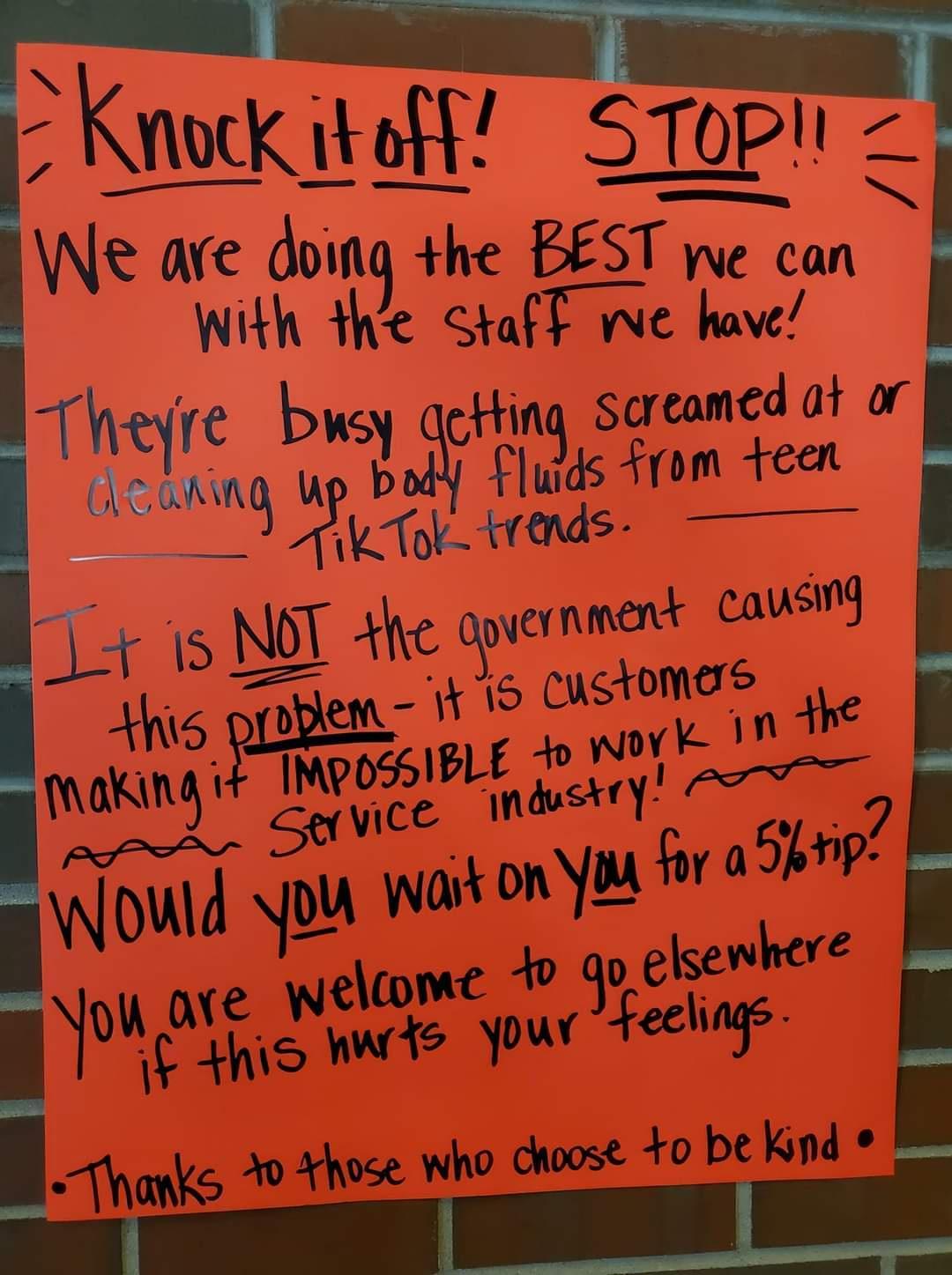 N I We are dolng the BEST e can With e StafT e have v I Theyre b ting Screamed at o T g ol s Som e JVTQLGAS p jlL SNT t cwemmmr causing Knuck k STOPY 2 lWhYgsg who choose 40 be kind zu