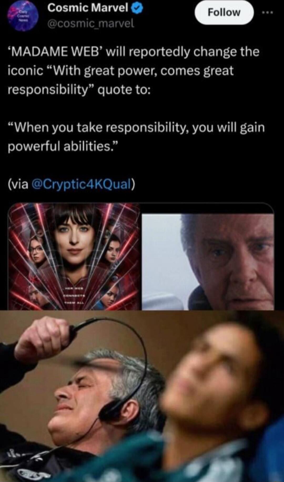 ERTE MADAME WEB will reportedly change the iconic With great power comes great responsibility quote to When you take responsibility you will gain powerful abilities via Cryptic4KQual