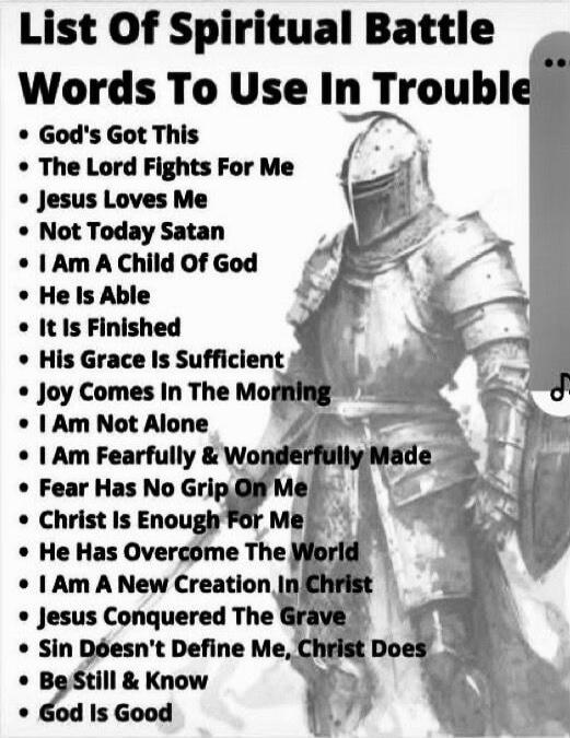 List Of Spiritual Battle Words To Use In Trouble
• God's Got This
• The Lord Fights For Me
• Jesus Loves Me
• Not Today Satan
• I Am A Child Of God
• He Is Able
• It Is Finished
• His Grace Is Sufficient
• Joy Comes In The Morning
• I Am Not Alone
• I Am Fearfully & Wonderfully Made
• Fear Has No Grip On Me
• Christ Is Enough For Me
• He Has Overco