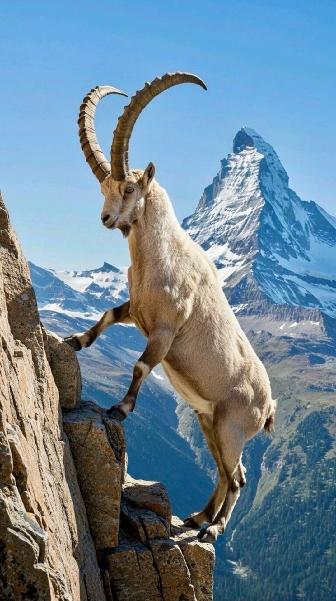 An alpine ibex standing on a rocky ledge with snow-covered mountains in the background.