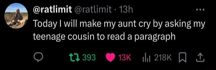 ratlimit ratlimit 13 Today will make my aunt cry by asking my teenage cousin to read a paragraph O 10393 K 28k J