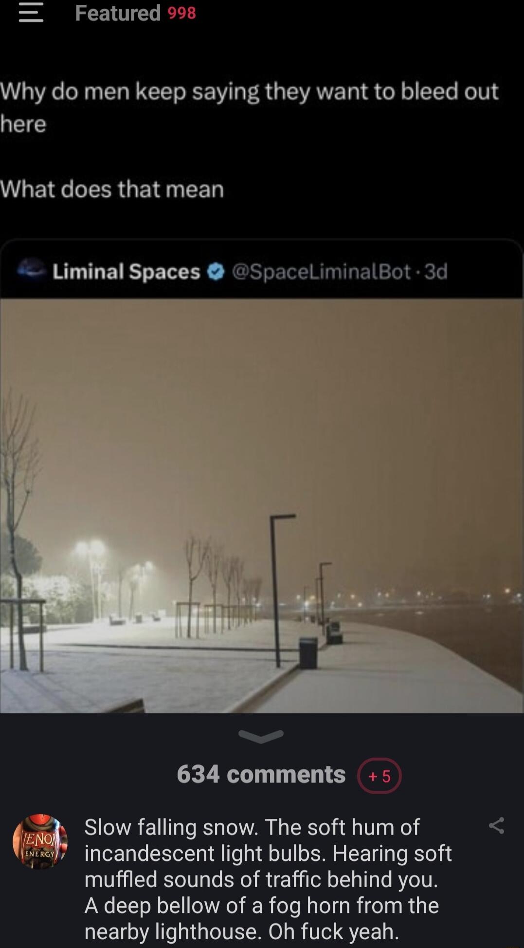 Featured 998 Why do men keep saying they want to bleed out here WLEC R QR EED Liminal Spaces SpaceliminalBot 3d 634 comments 5 Slow falling snow The soft hum of ncandescent light bulbs Hearing soft muffled sounds of traffic behind you A deep bellow of a fog horn from the nearby lighthouse Oh fuck yeah