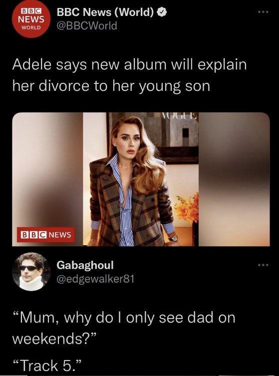 Lo ICIR 1 T N VR AUTATEE R St BBCWorld Adele says new album will explain her divorce to her young son 43 eE1EF L T edgewalker81 Mum why do only see dad on weekends Track 5