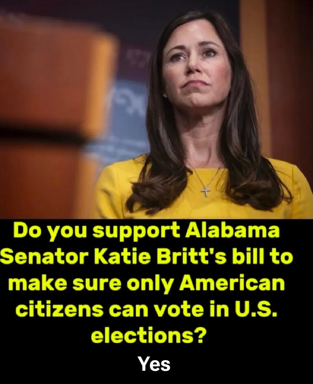 Do you support Alabama Senator Katie Britt's bill to make sure only American citizens can vote in U.S. elections? Yes
