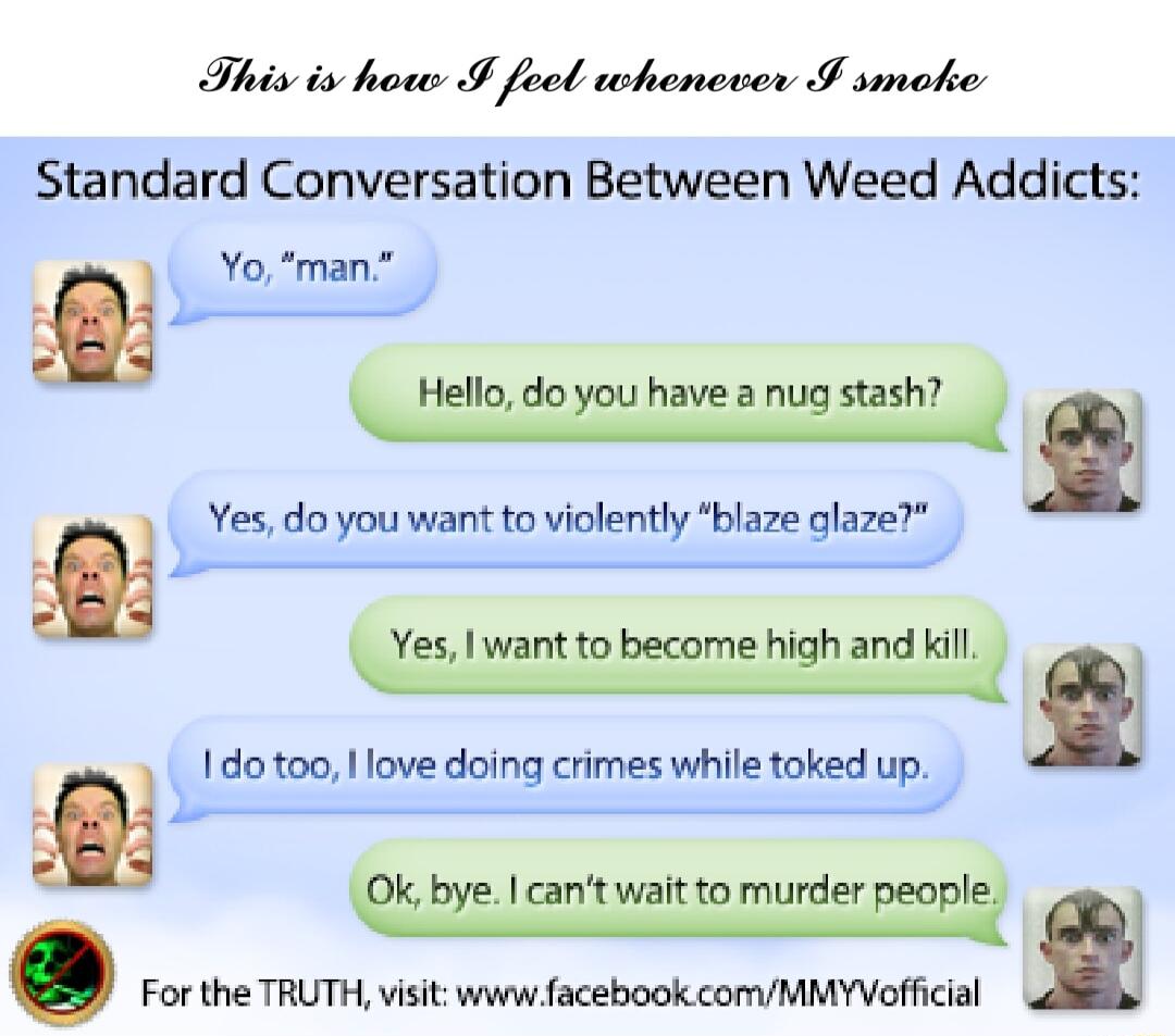 This is how I fecl whenever I smoke Standard Conversation Between Weed Addicts Yo man g J Citesnpinns il Yes do you want to violently blaze glaze m 1do too love doing crimes while toked up l W For the TRUTH visit www facebook comMMYVofficial