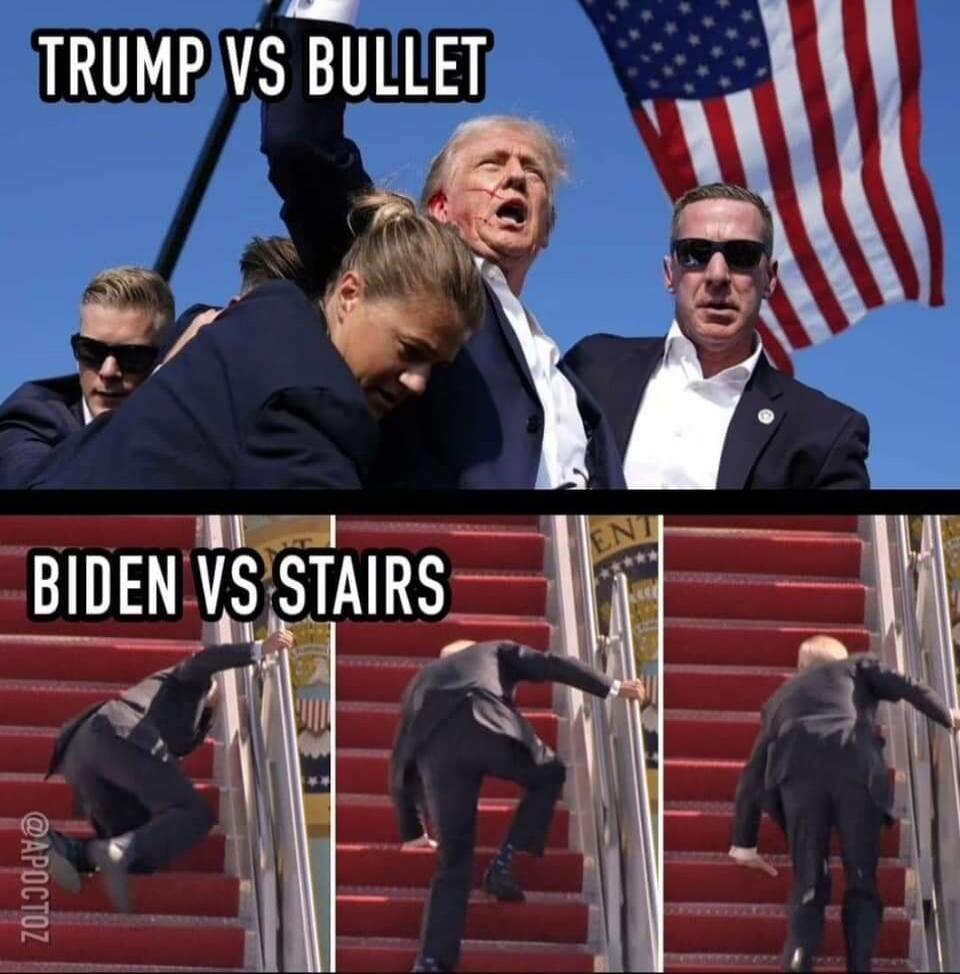The image is a two-panel political meme. The top panel shows a dramatic, possibly photoshopped image of Donald Trump with what appears to be a facial injury, being supported by people, with an American flag in the background. The text overlay reads: 'TRUMP VS BULLET'. The bottom panel shows a sequence of three images of Joe Biden tripping or fallin