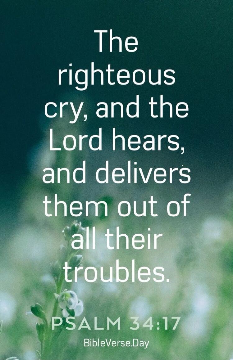 The righteous cry, and the Lord hears, and delivers them out of all their troubles. PSALM 34:17 BibleVerse.Day