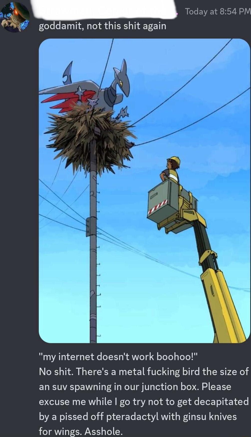 Today at 854 PM goddamit not this shit again my internet doesnt work boohoo No shit Theres a metal fucking bird the size of an suv spawning in our junction box Please excuse me while go try not to get decapitated by a pissed off pteradactyl with ginsu knives for wings Asshole