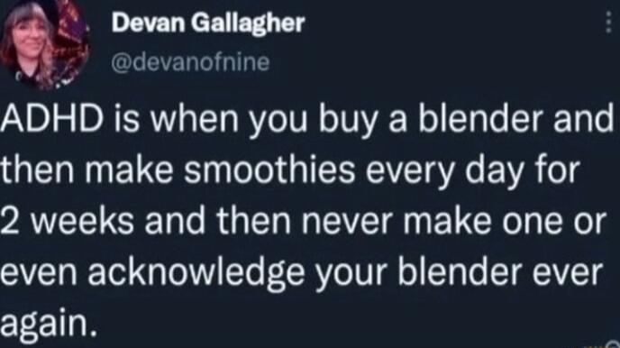 Q Devan Gallagher devanofnine ADHD is when you buy a blender and QNN TR Tel G ITEREVET SR VA o PAWTUER Tl R T I VT ELCRO X T SV Tl To I Te P CR Ve TV o Ty o T IVTg again