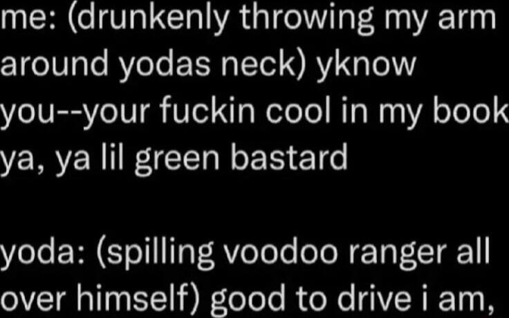 me drunkenly throwing my arm around yodas neck yknow you your fuckin cool in my book ya ya lil green bastard yoda spilling voodoo ranger all over himself good to drive i am