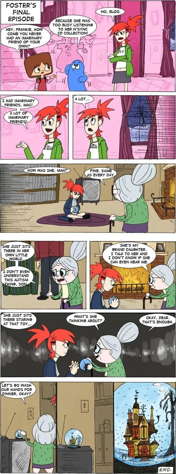 FOSTERS I FINAL EPISODE BECAUSE SHE WAS OO BUSY LISTENINS 0 HER NSYNG HEY FRANKEE HoY CoME Yol NEVER HAD AN INABINARY FRIEND OF YOUR T HAD IMAOINARY FRENDS MACL e susr s THERE N HER UNDERSTAND THIS ALTISM P s 9RAND DAUSHTER TTALK TO HER AND TDONT KNOW IF SHE OKAY DEAR THATS ENOUSH