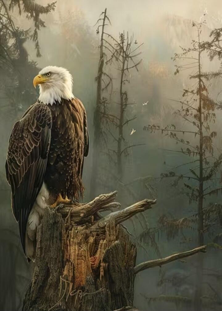 A bald eagle perched on a weathered tree stump in a misty forest.