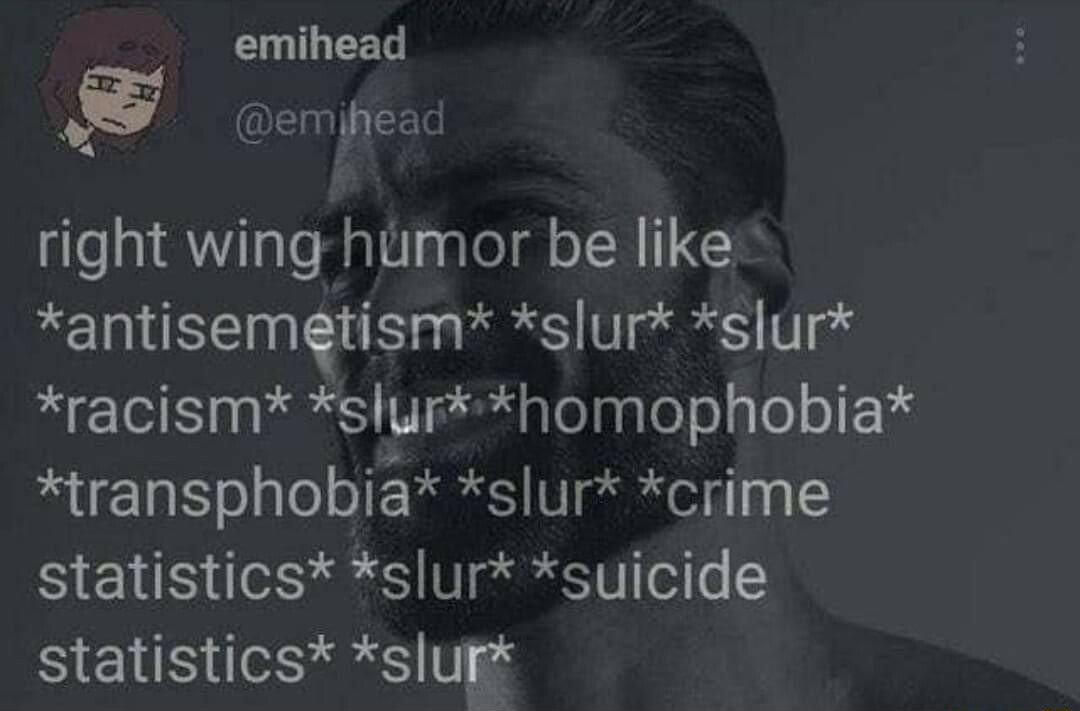 L GE Ele 4 right wing hiumor be like antisemgtism slur slur racism slurhomophobia transphobia slur crime statistics slur suicide statistics slup