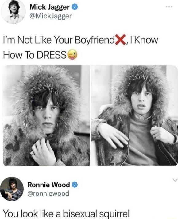 a Mick Jagger MickJagger Im Not Like Your Boyfriend Know How To DRESS Ronnie Wood ronniewood You look like a bisexual squirrel