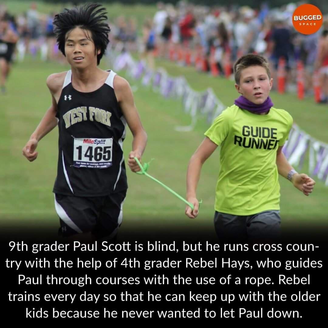 9th grader Paul Scott is blind but he runs cross coun AR 1 R a I Y o N o iR o g Wd Y T gl R EET oYY W 2 EAVERVV s TR W To 1S Paul through courses with the use of a rope Rebel trains every day so that he can keep up with the older kids because he never wanted to let Paul down