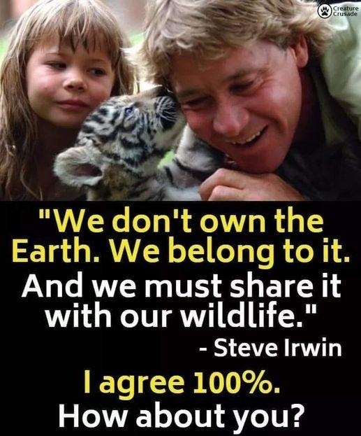 We dont own the Earth We belong to it And we must share it with our wildlife Steve Irwin agree 100 How about you
