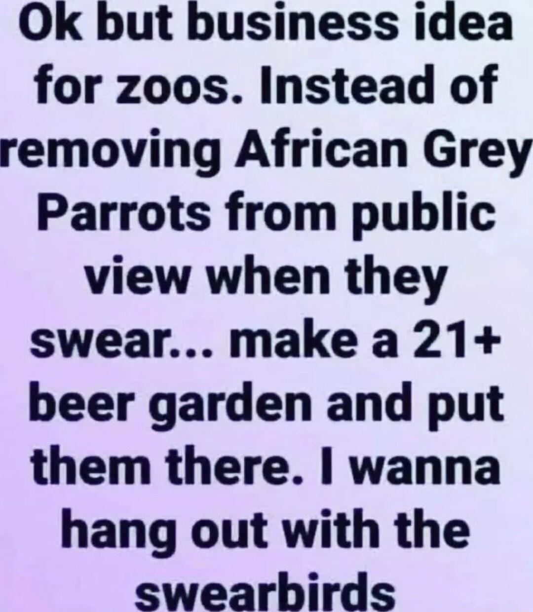 Ok but business idea for zoos Instead of removing African Grey Parrots from public view when they swear make a 21 beer garden and put them there wanna hang out with the swearbirds