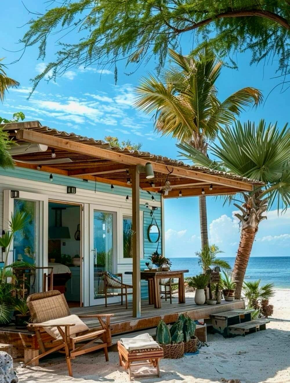 A beautiful beach house with a wooden deck and palm trees.
