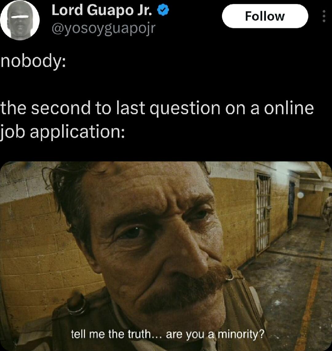 Lord Guapo Jr Foll e YVETeIog nobody the second to last question on a online job application tell me the truth are you a minority