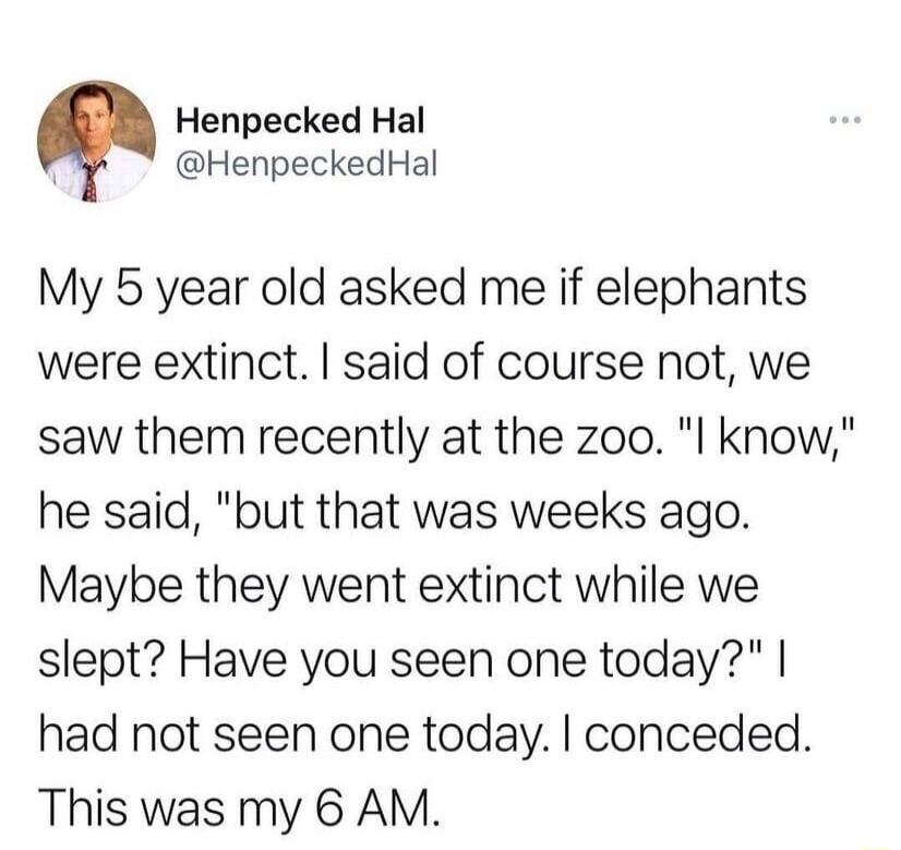 Henpecked Hal HenpeckedHal My 5 year old asked me if elephants were extinct said of course not we saw them recently at the zoo l know he said but that was weeks ago Maybe they went extinct while we slept Have you seen one today had not seen one today conceded This was my 6 AM