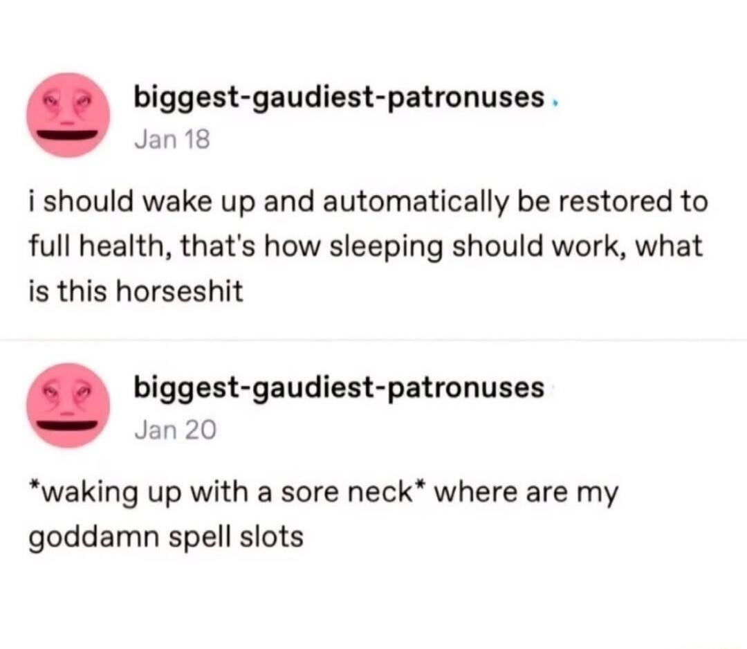 i should wake up and automatically be restored to full health, that's how sleeping should work, what is this horseshit. *waking up with a sore neck* where are my goddamn spell slots