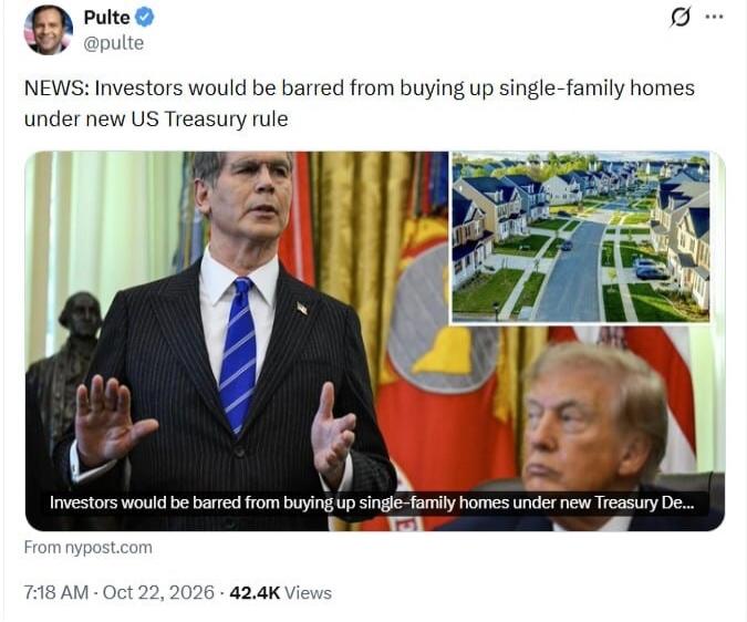 NEWS: Investors would be barred from buying up single-family homes under new US Treasury rule. Investors would be barred from buying up single-family homes under new Treasury De...