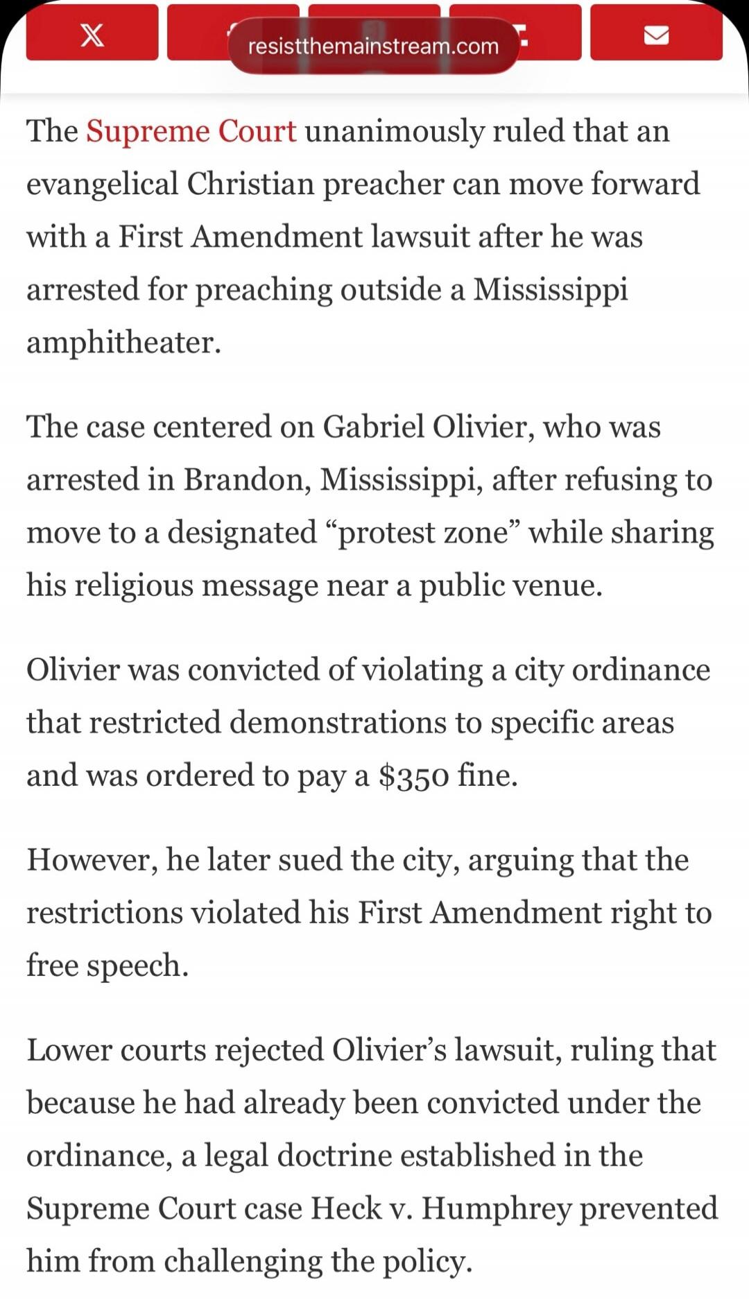 The Supreme Court unanimously ruled that an evangelical Christian preacher can move forward with a First Amendment lawsuit after he was arrested for preaching outside a Mississippi amphitheater. The case centered on Gabriel Olivier, who was arrested in Brandon, Mississippi, after refusing to move to a designated “protest zone” while sharing his rel
