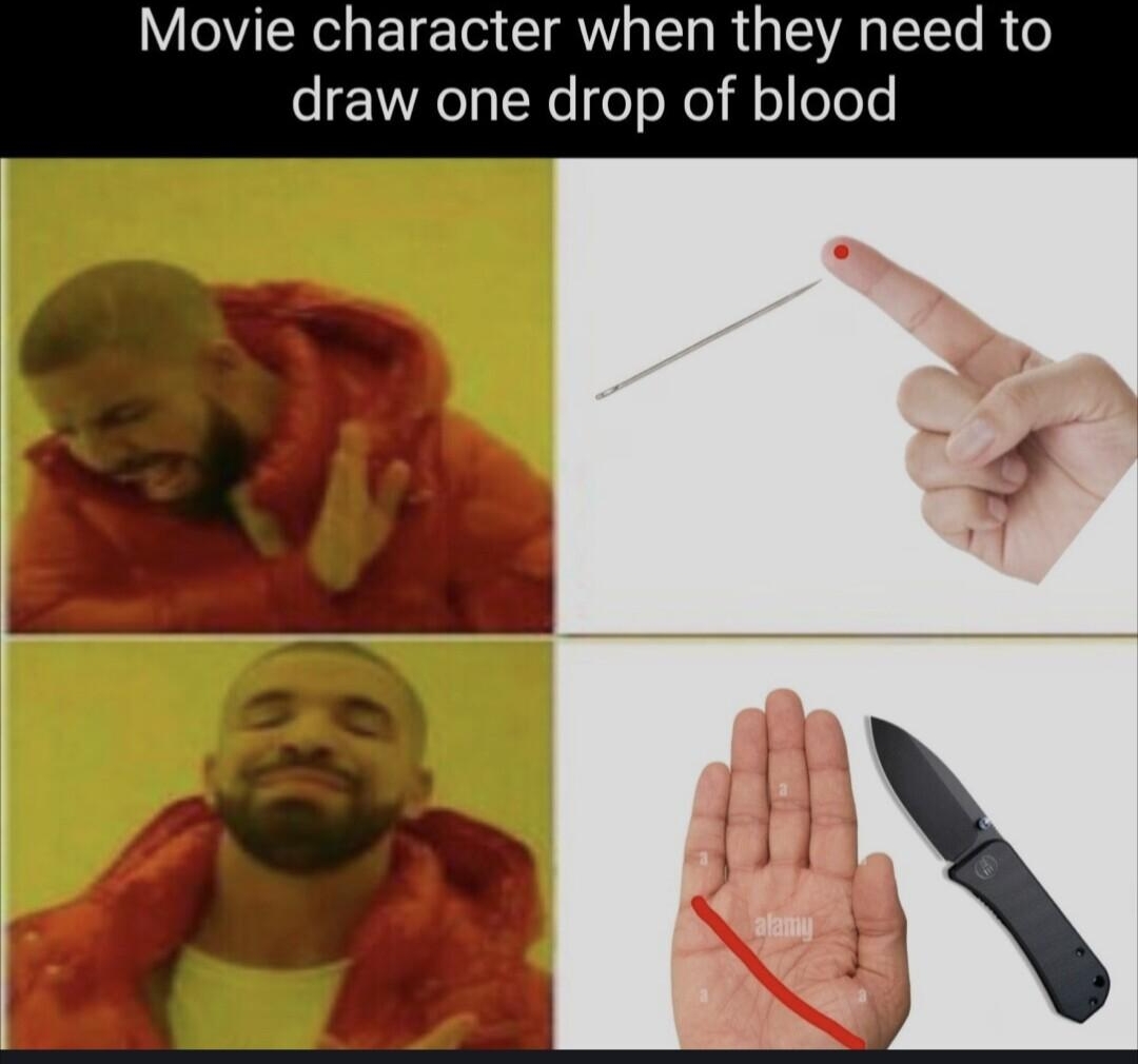 bhowil A Movie character when they need to draw one drop of blood 113 comments Aw shucks guys it says need blood breaks arm and pours blood like a water pump ShoelnTheBox