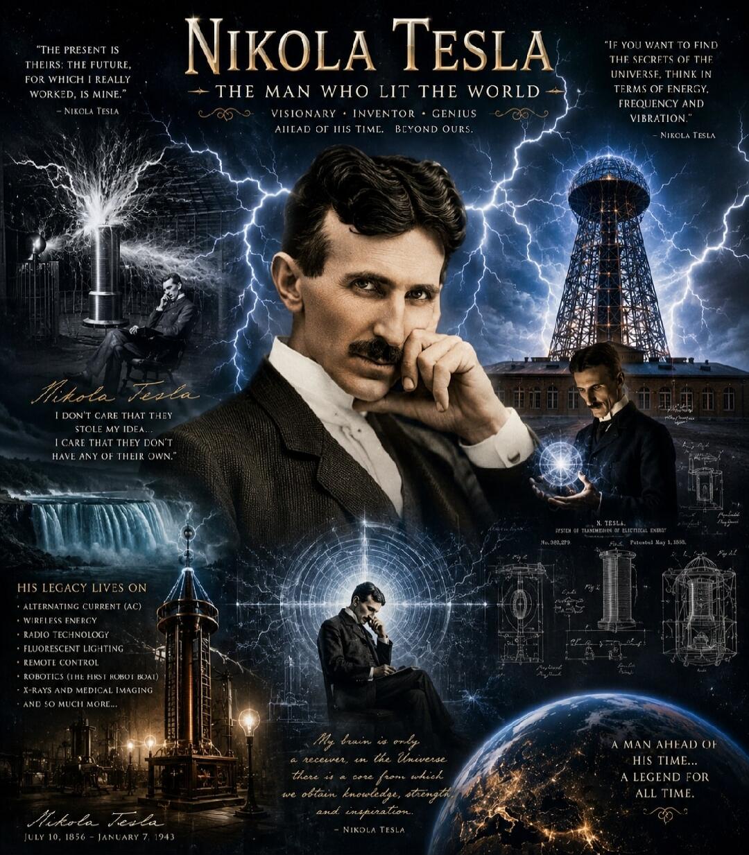 NIKOLA TESLA THE MAN WHO LIT THE WORLD. VISIONARY INVENTOR GENIUS AHEAD OF HIS TIME. BEYOND OURS. 
