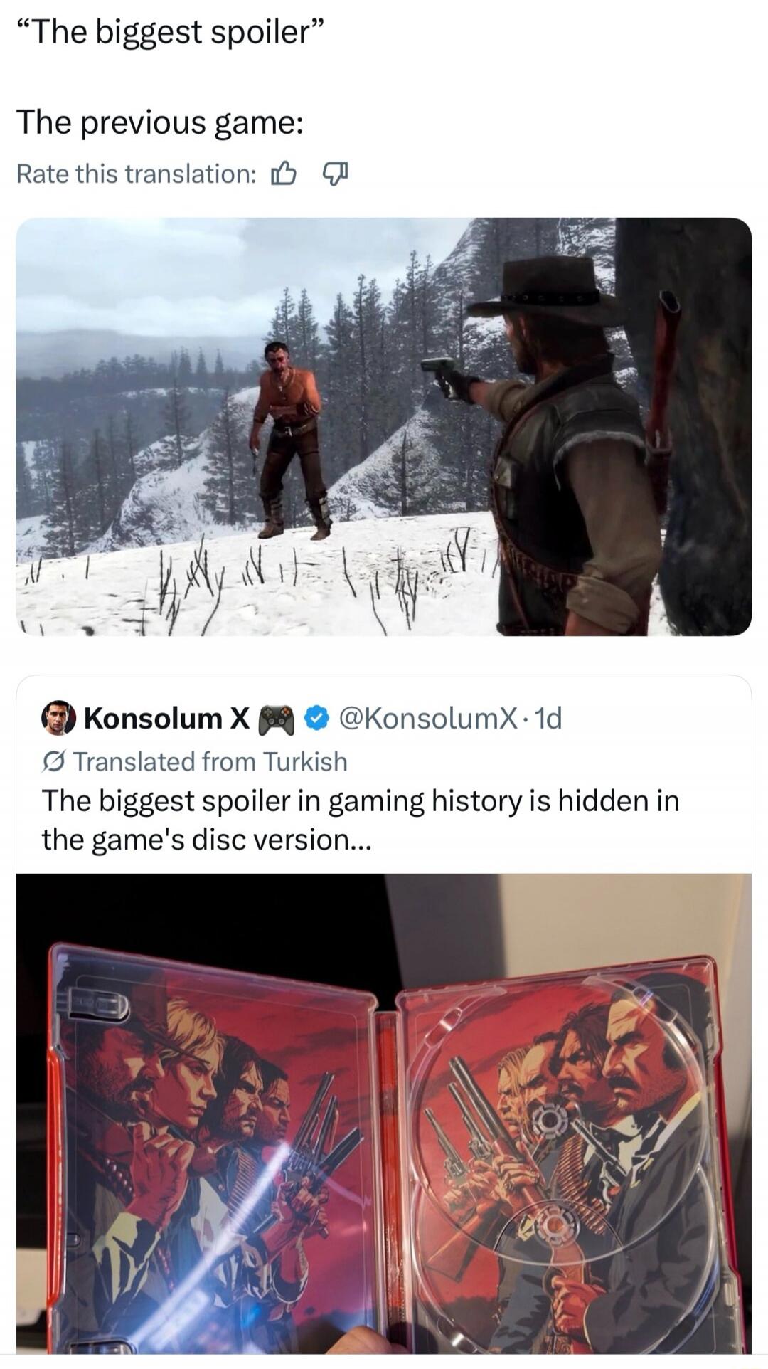 The biggest spoiler. The previous game: Rate this translation: Konsolum X. Translated from Turkish. The biggest spoiler in gaming history is hidden in the game's disc version...