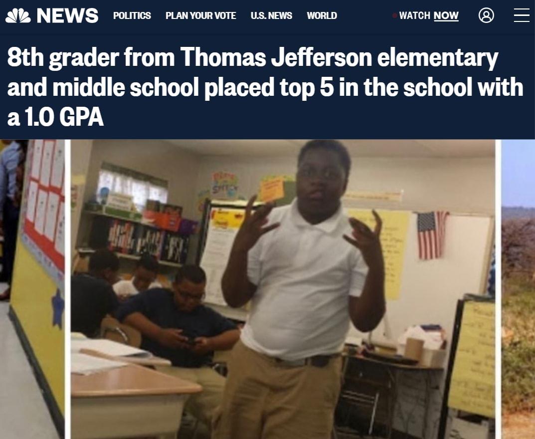 A NEWS roumes rusvomwr usiews oo wonwow 8th grader from Thomas Jefferson elementary and middle school placed top 5 in the school with