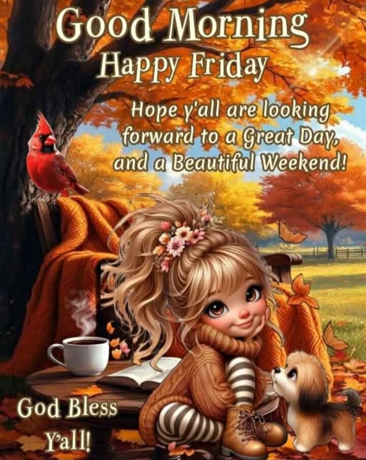 Good Morning Happy Friday Hope y'all are looking forward to a Great Day, and a Beautiful Weekend! God Bless Ya'll!