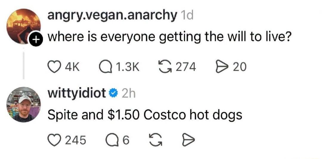 Where is everyone getting the will to live? Spite and $1.50 Costco hot dogs.