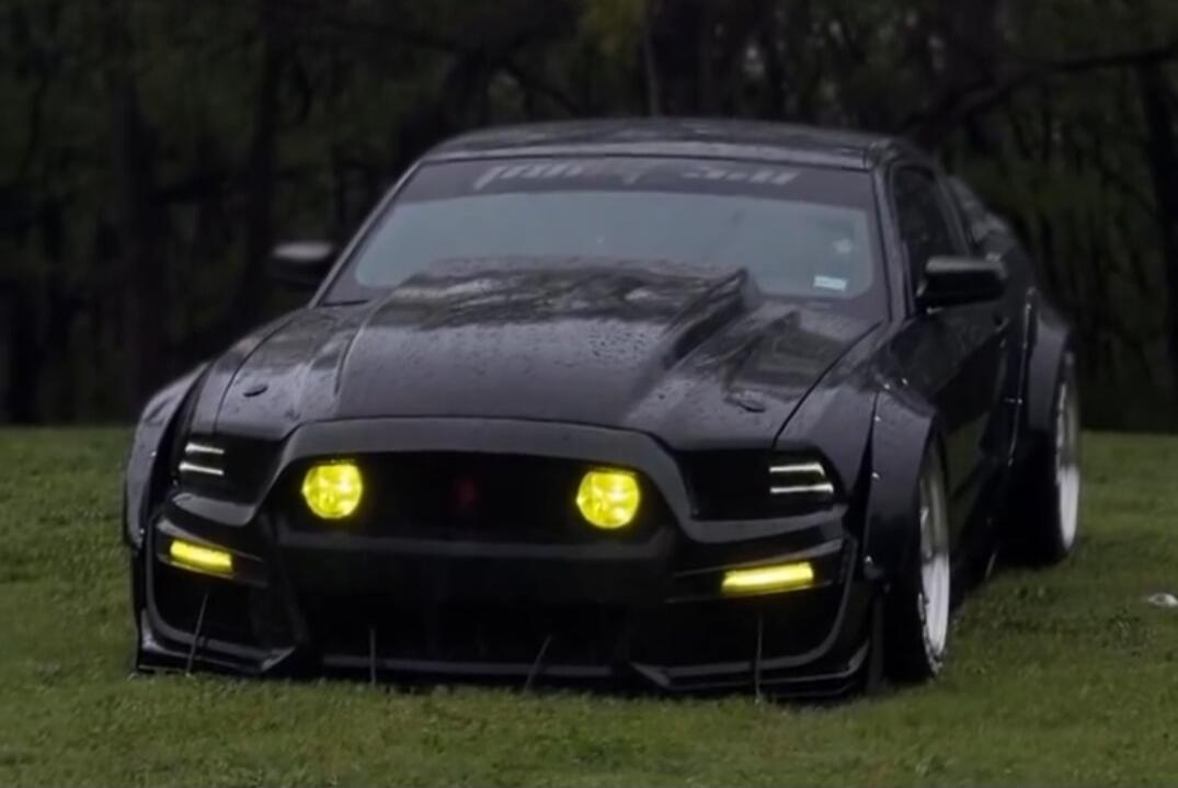 Black modified car with yellow headlights on a grassy field.