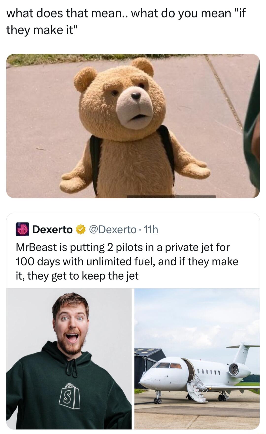 what does that mean what do you mean if they make it Dexerto Dexerto 11h MrBeast is putting 2 pilots in a private jet for 100 days with unlimited fuel and if they make it they get to keep the jet B