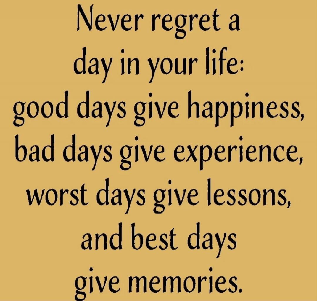 Never regret a day in your life: good days give happiness, bad days give experience, worst days give lessons, and best days give memories.