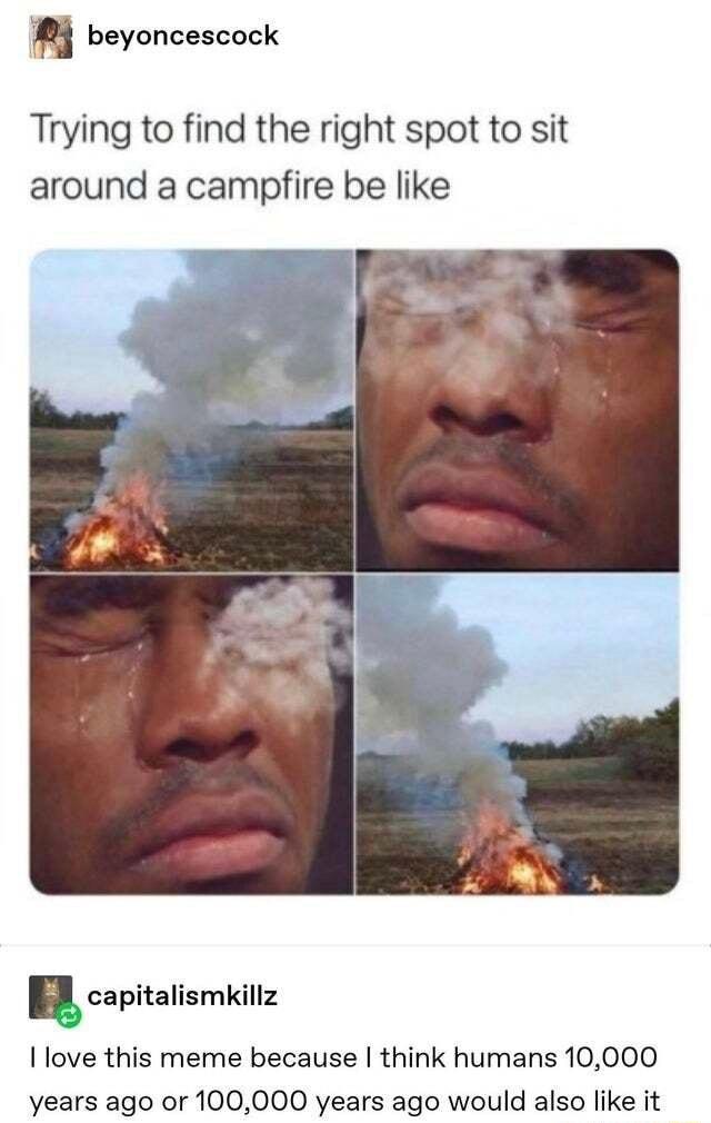 8 beyoncescock Trying to find the right spot to sit around a campfire be like capitalismkillz I love this meme because think humans 10000 years ago or 100000 years ago would also like it