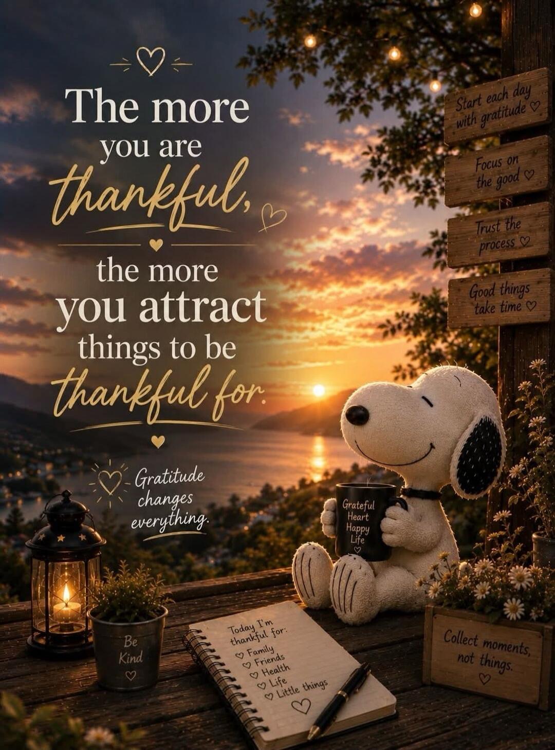 The more you are thankful, the more you attract things to be thankful for. Gratitude changes everything. Start each day with gratitude. Focus on the good. Trust the process. Good things take time. Grateful Heart Happy Life. Be Kind. Today I'm thankful for: Family, Friends, Health, Life, Little things. Collect moments, not things.