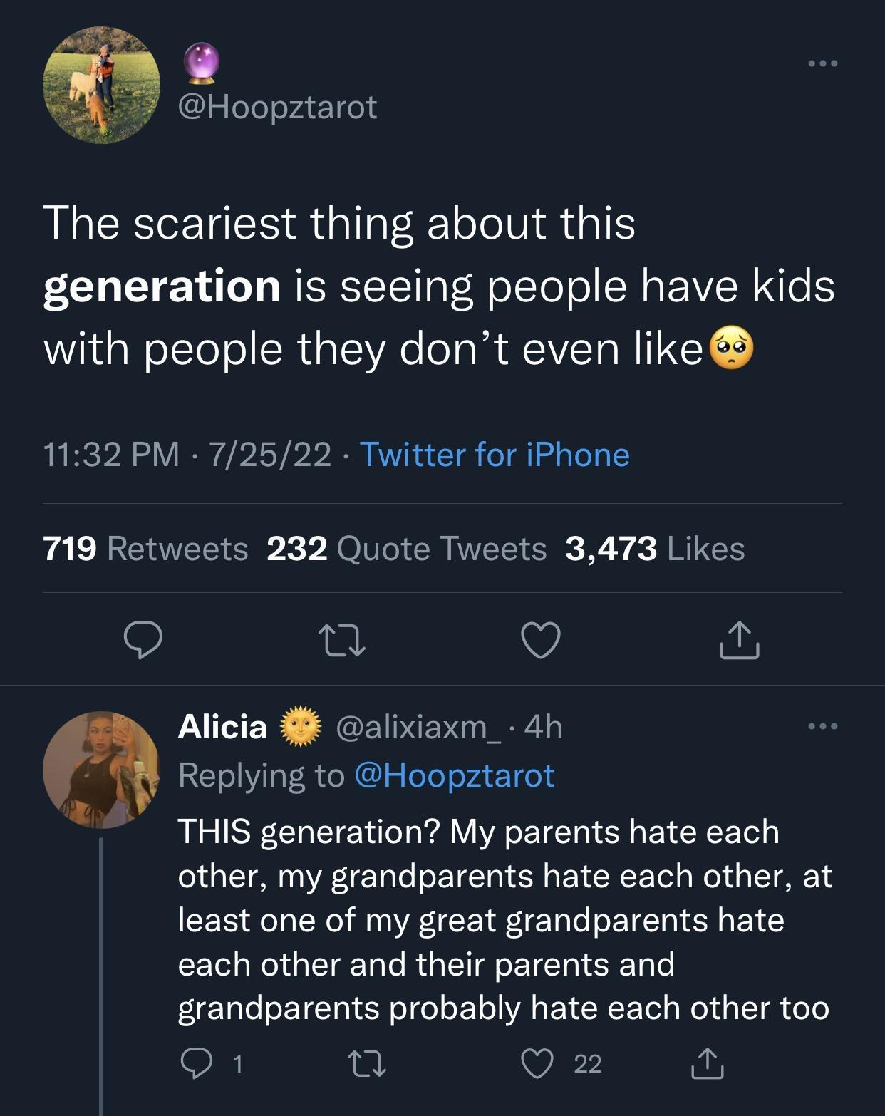 Hoopztarot The scariest thing about this generation is seeing people have kids with people they dont even like 1132 PM 72522 Twitter for iPhone 719 Retweets 232 Quote Tweets 3473 Likes V o Alicia alixiaxm_ 4h Replying to Hoopztarot THIS generation My parents hate each other my grandparents hate each other at least one of my great grandparents hate each other and their parents and grandparents prob