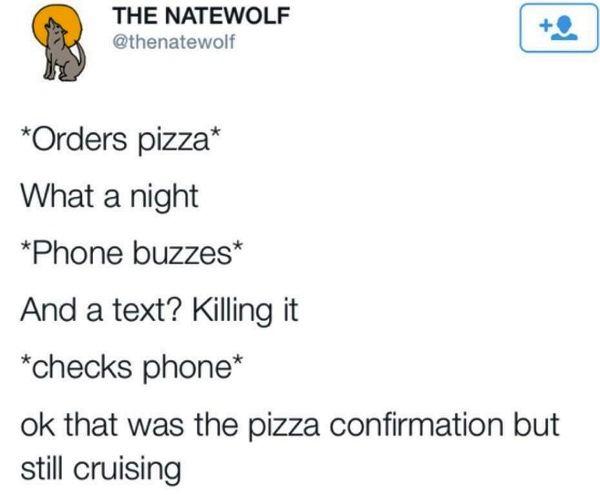 THE NATEWOLF thenatewolf Orders pizza What a night Phone buzzes And a text Killing it checks phone ok that was the pizza confirmation but still cruising