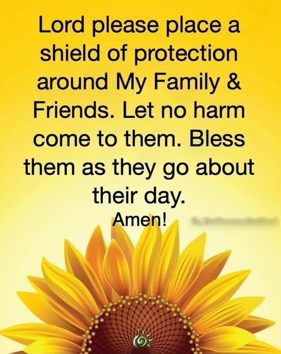 Lord please place a shield of protection around My Family Friends Let no harm come to them Bless them as they go about their day Amen