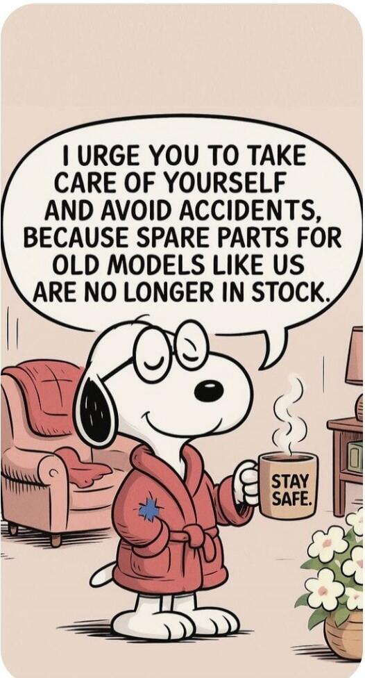 I URGE YOU TO TAKE CARE OF YOURSELF AND AVOID ACCIDENTS, BECAUSE SPARE PARTS FOR OLD MODELS LIKE US ARE NO LONGER IN STOCK. STAY SAFE.