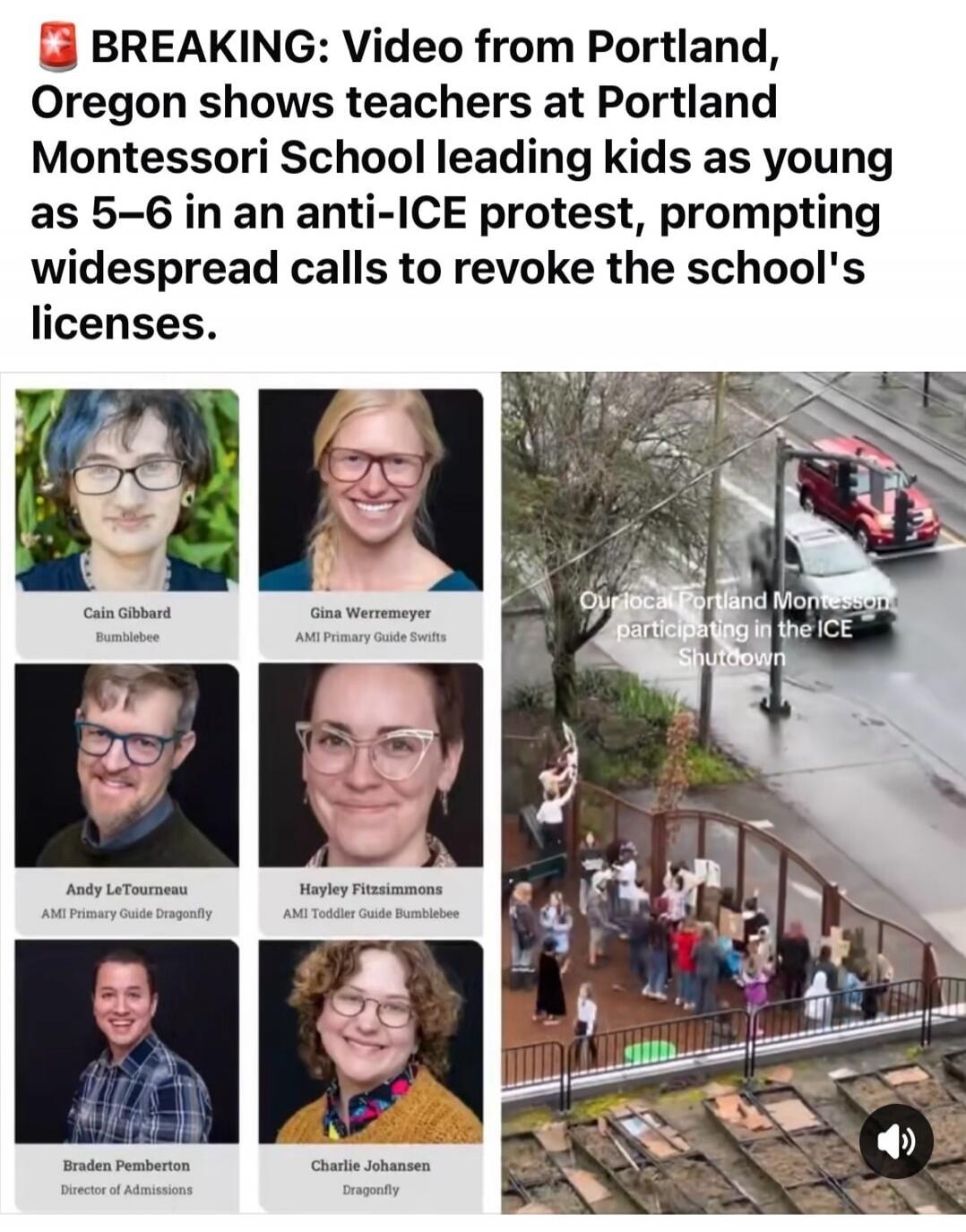 BREAKING: Video from Portland, Oregon shows teachers at Portland Montessori School leading kids as young as 5–6 in an anti-ICE protest, prompting widespread calls to revoke the school's licenses.
