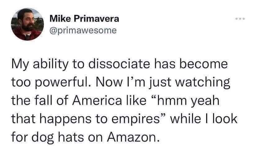 Mike Primavera primawesome My ability to dissociate has become too powerful Now Im just watching the fall of America like hmm yeah that happens to empires while look for dog hats on Amazon