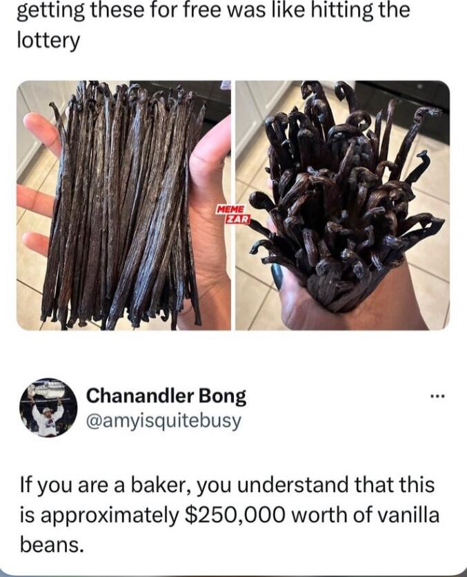 getting these for free was like hitting the lottery Chanandler Bong amyisquitebusy If you are a baker you understand that this is approximately 250000 worth of vanilla beans