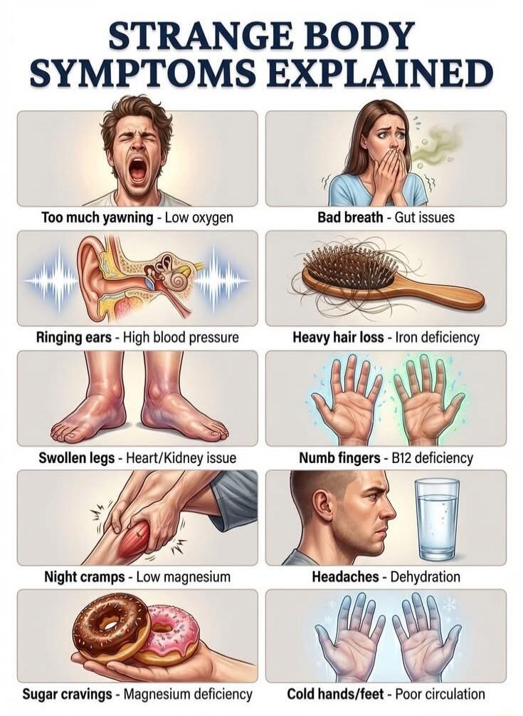 STRANGE BODY SYMPTOMS EXPLAINED. Too much yawning - Low oxygen. Bad breath - Gut issues. Ringing ears - High blood pressure. Heavy hair loss - Iron deficiency. Swollen legs - Heart/Kidney issue. Numb fingers - B12 deficiency. Night cramps - Low magnesium. Headaches - Dehydration. Sugar cravings - Magnesium deficiency. Cold hands/feet - Poor circula