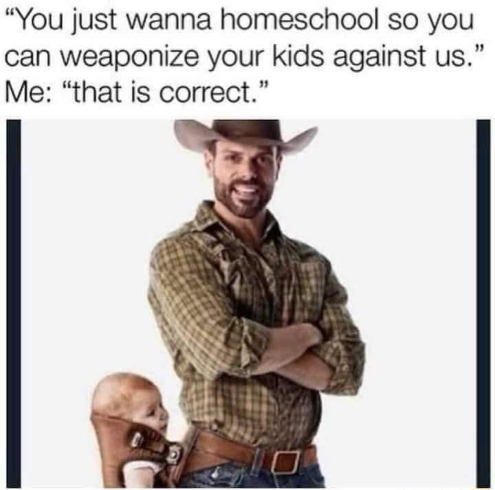 You just wanna homeschool so you can weaponize your kids against us Me that is correct
