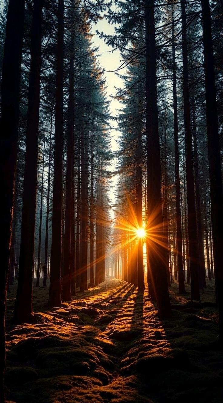 Sunlight filtering through the trees in a dense forest.