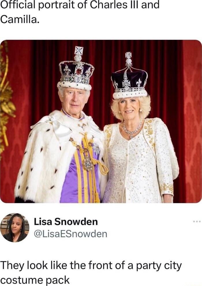 Official portrait of Charles lll ana Camilla Lisa Snowden LisaESnowden They look like the front of a party city costume pack
